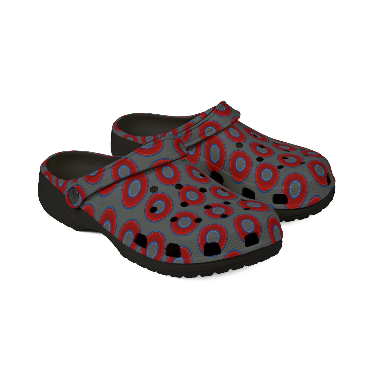 Spatchcocks - donut slip-on shoes - vivid red donuts w/dark gray background [unisex]