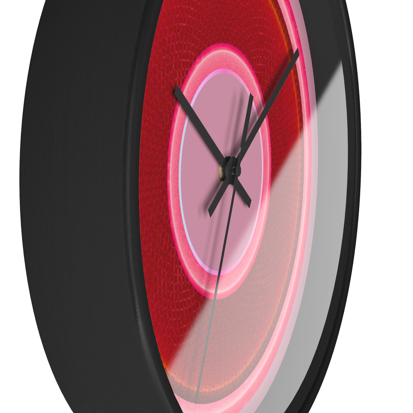 Lumpy Wall Clock - red rustic donut w/pink edging - variant 3 w/pale magenta background