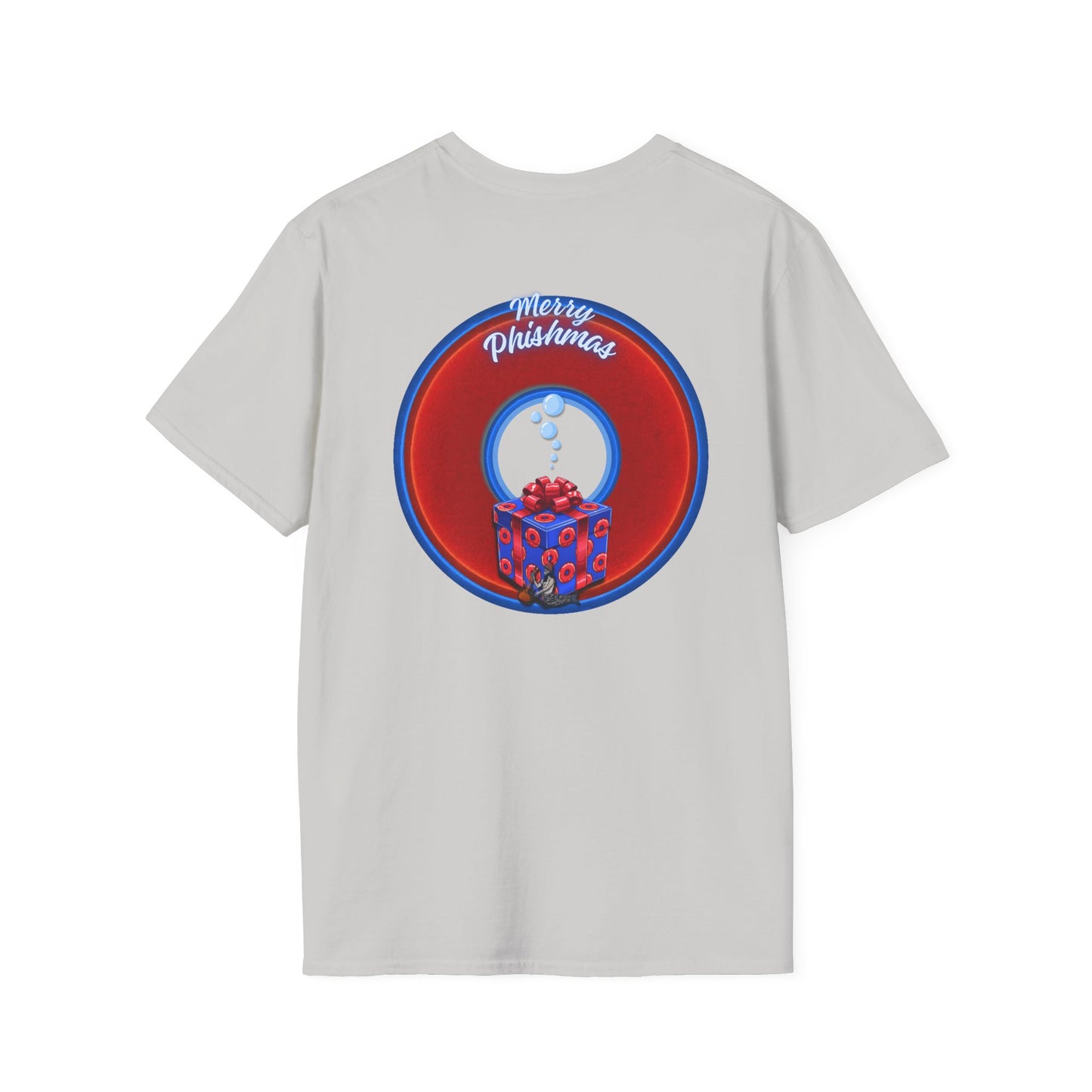 Classic Donut Tee - Unisex Soft-Style - "Phishmas Caroler's Tee " - vivid red/blue donut - variant 2