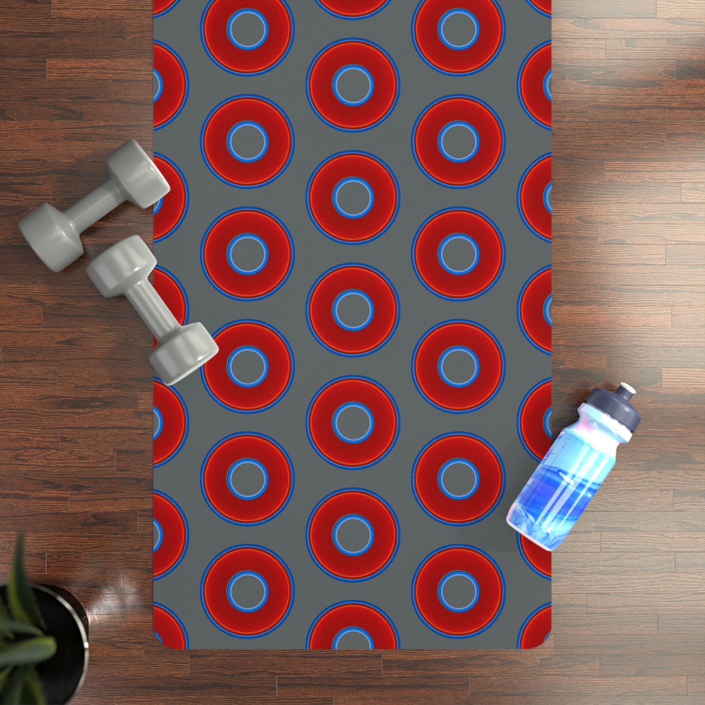 Lumpy Donut Yoga Mat :) - 24″ x 70" - vivid red donut print w/dark gray background