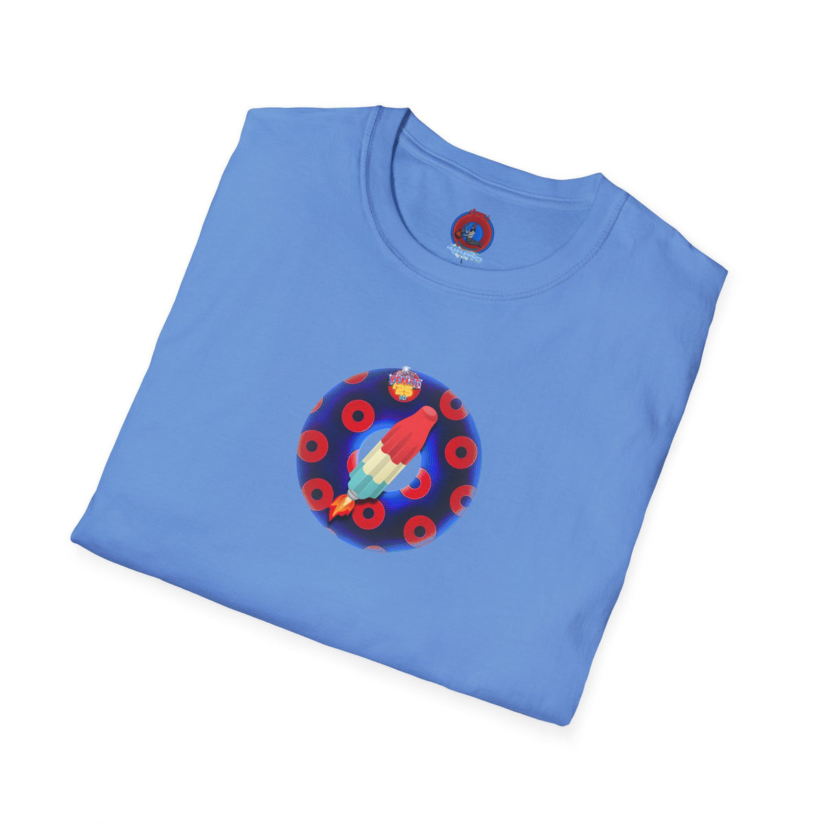 Classic Donut Tee - Unisex Soft-Style - "Blow this Popsicle Stand" - blue/red paradox bomb pop donut - variant 3