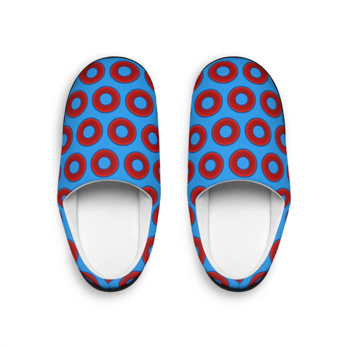 Men's Lumpy Slippers - red vivid donut print w/sky royal blue background