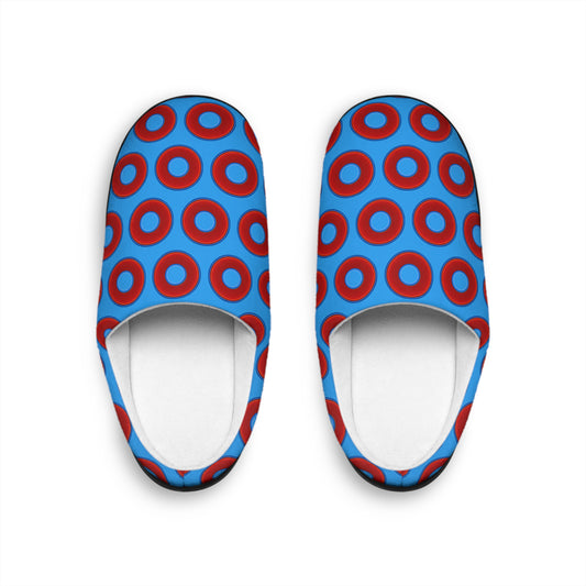 Men's Lumpy Slippers - red vivid donut print w/sky royal blue background