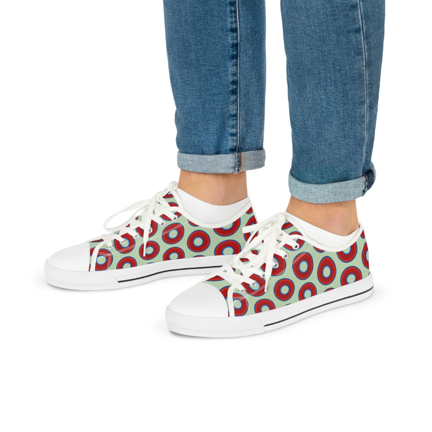Chuck Taylors - large vivid red donut print w/seafoam green background