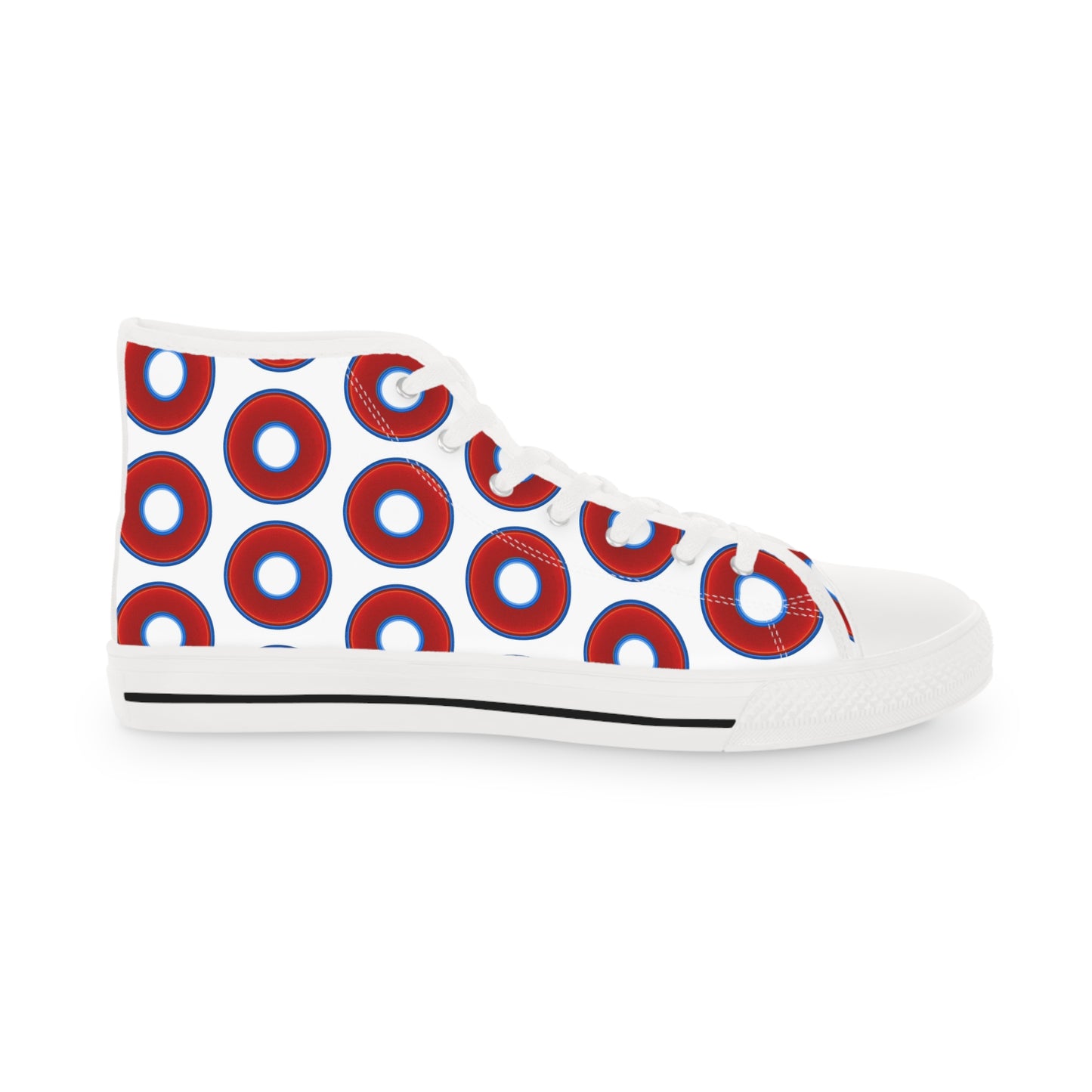 Men's High Top Chucks - large vivid red donut print w/white background