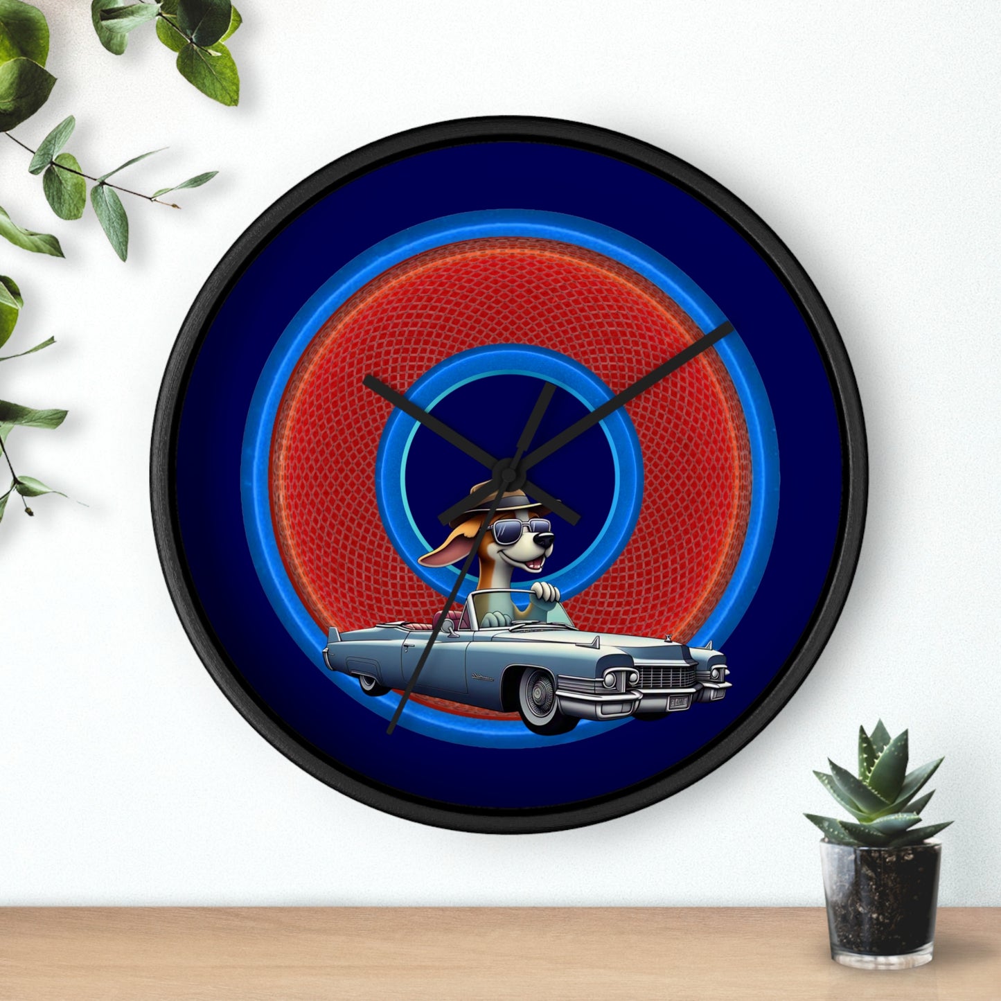 Lumpy Wall Clock - "Jimmy's Marathon Donuts" - variant 1 - rustic red donut w/dark blue background