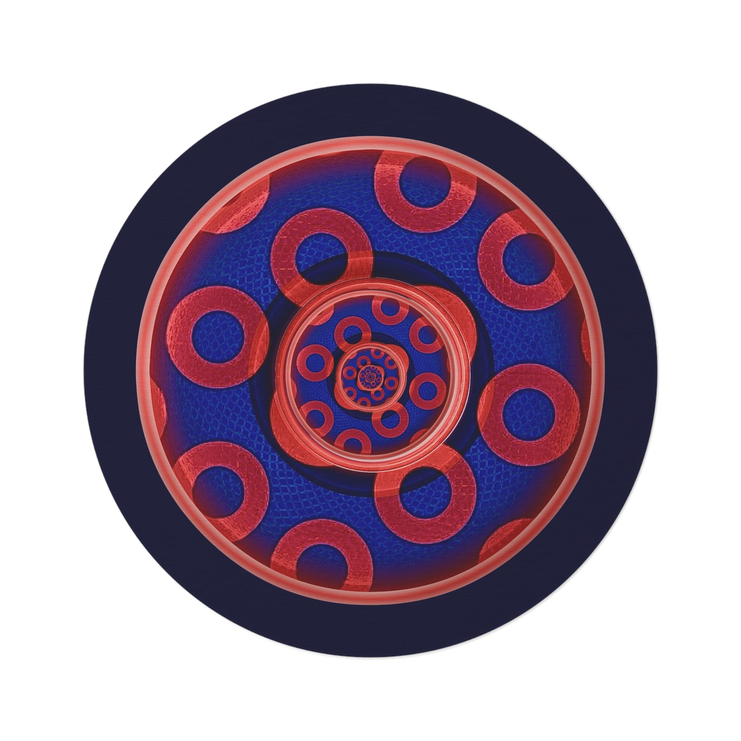 Round Room - 5 ft x 5 ft Lumpy Donut Rug - "Kaleidoscope Paradox Donut " - rustic paradoxical red/blue donut w/midnight blue background - variant 1