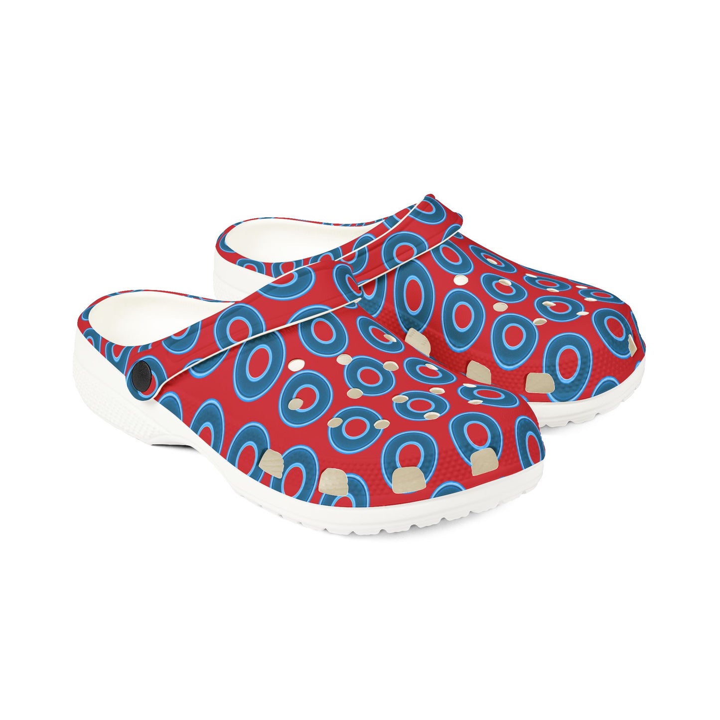 Spatchcocks - donut slip-on shoes - blue rustic donuts w/red background [unisex]