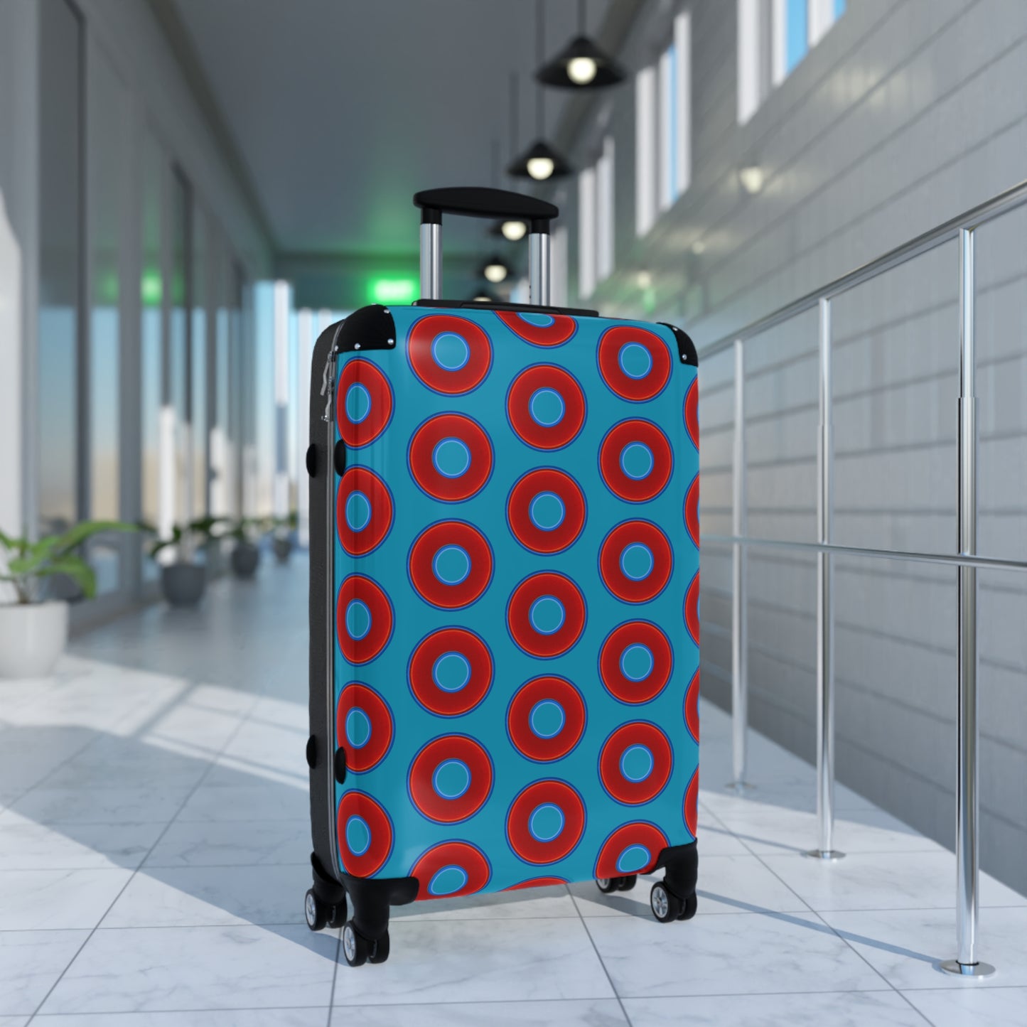 Very Lumpy Donut Suitcase series - your choice of S, M or L - vivid red donut print w/aquamarine blue background