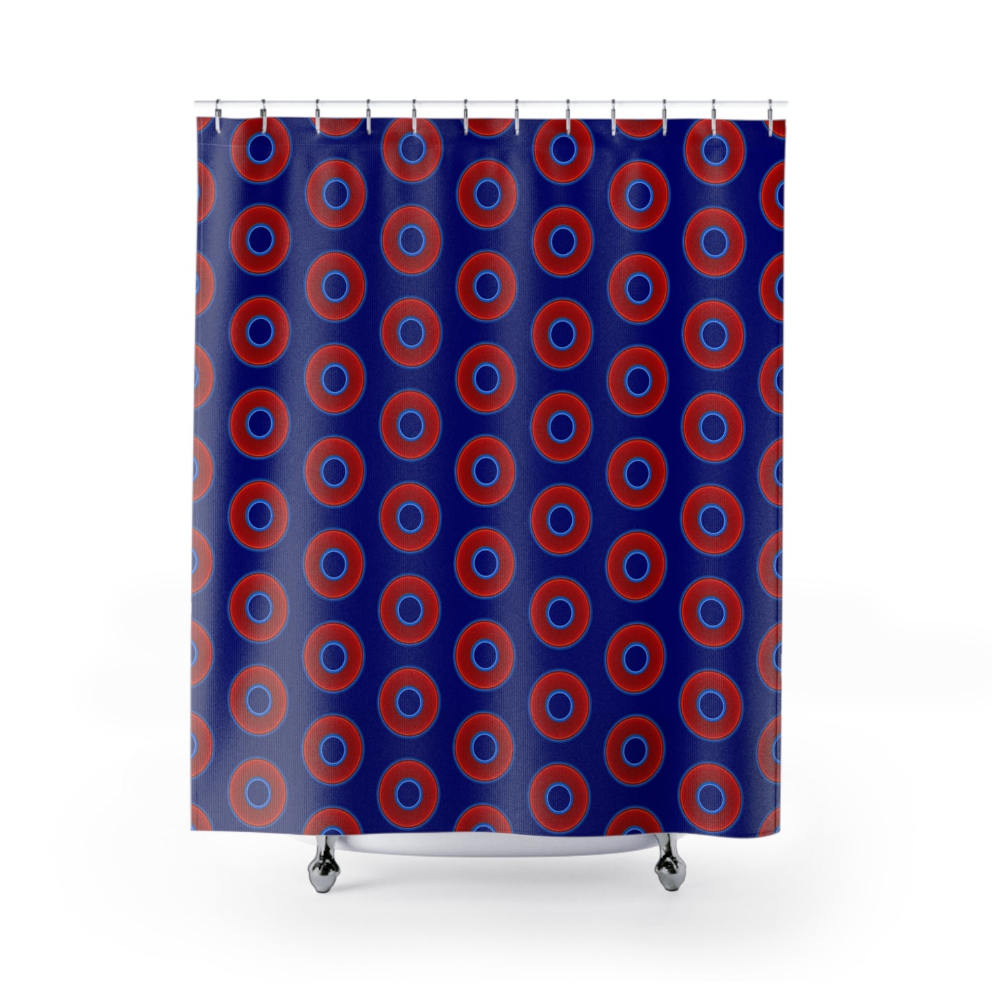 The Curtain With "Donuts" - Lumpy Bath Time Fun - vivid red donuts w/navy background