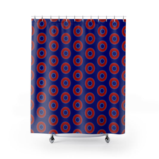 The Curtain With "Donuts" - Lumpy Bath Time Fun - vivid red donuts w/navy background