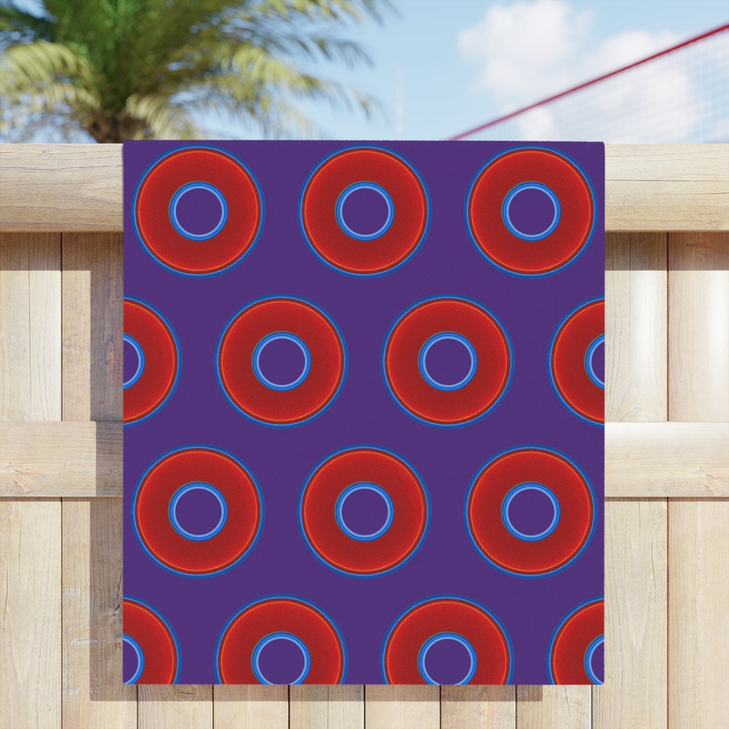 Lumpy Donut Towels - vivid red donuts w/purple background