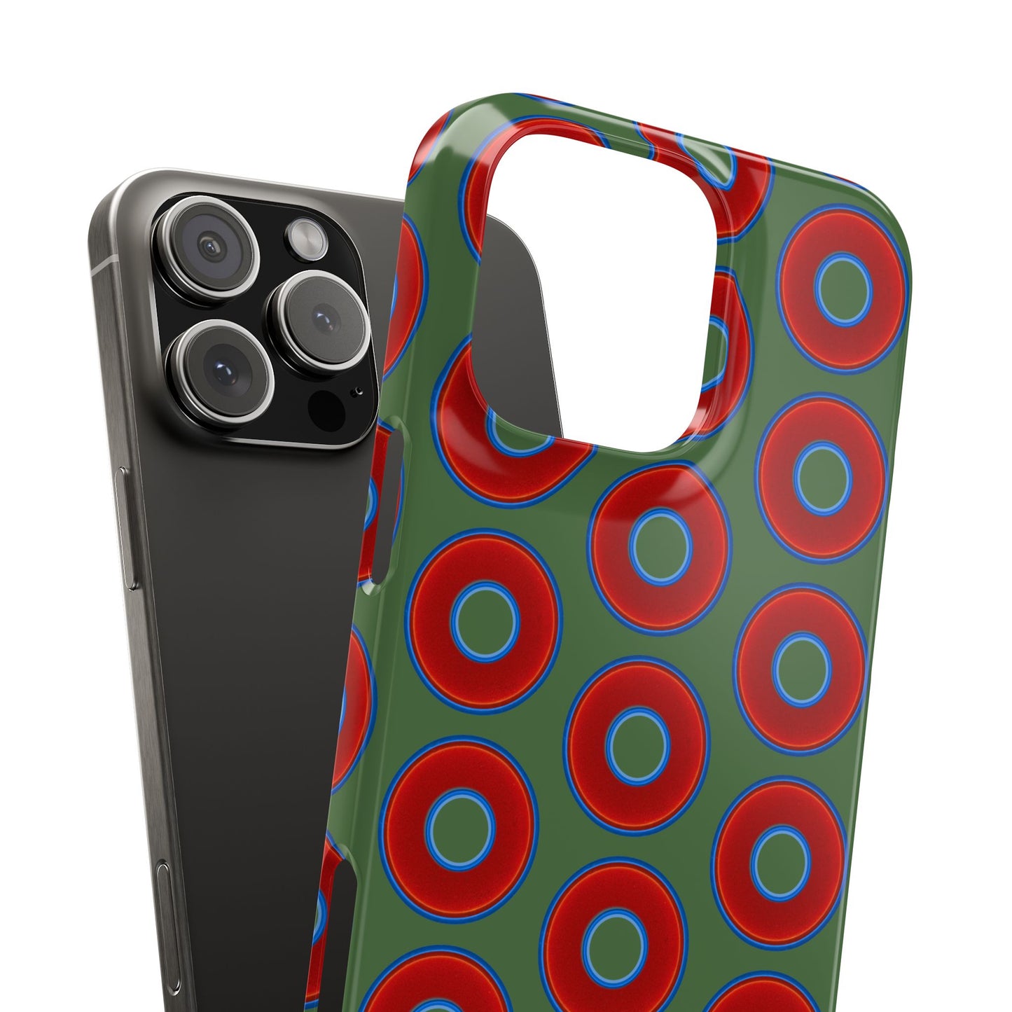 Lumpy Donut Snap Case - red vivid donut print w/dark green background