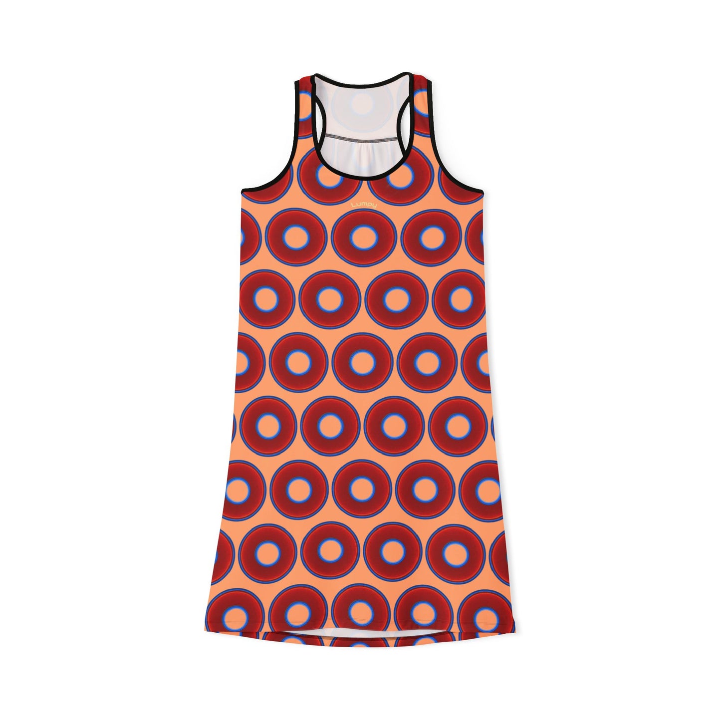 Tela's Lumpy Racerback Donut Dress - red vivid donut print w/peach background