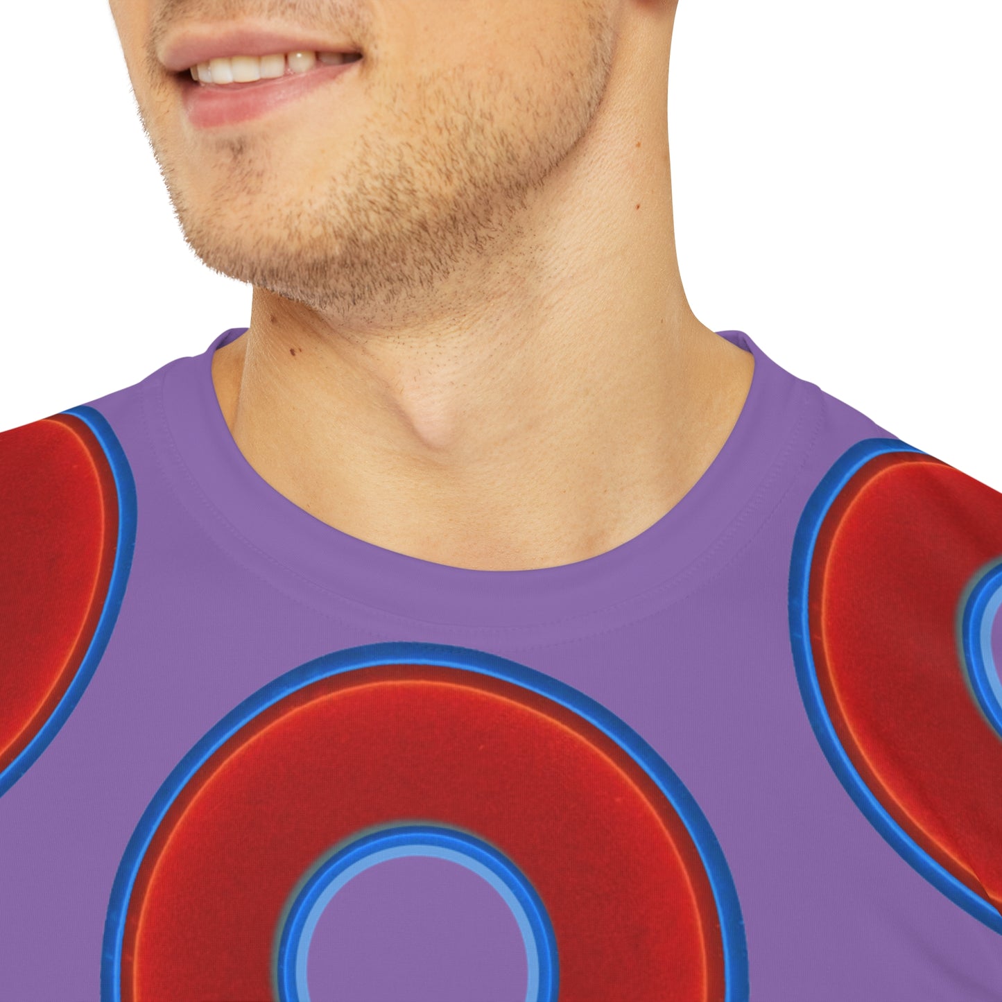Multi-Beastie Giant Donut AOP Polyester Tee - red vivid donut print w/light purple background
