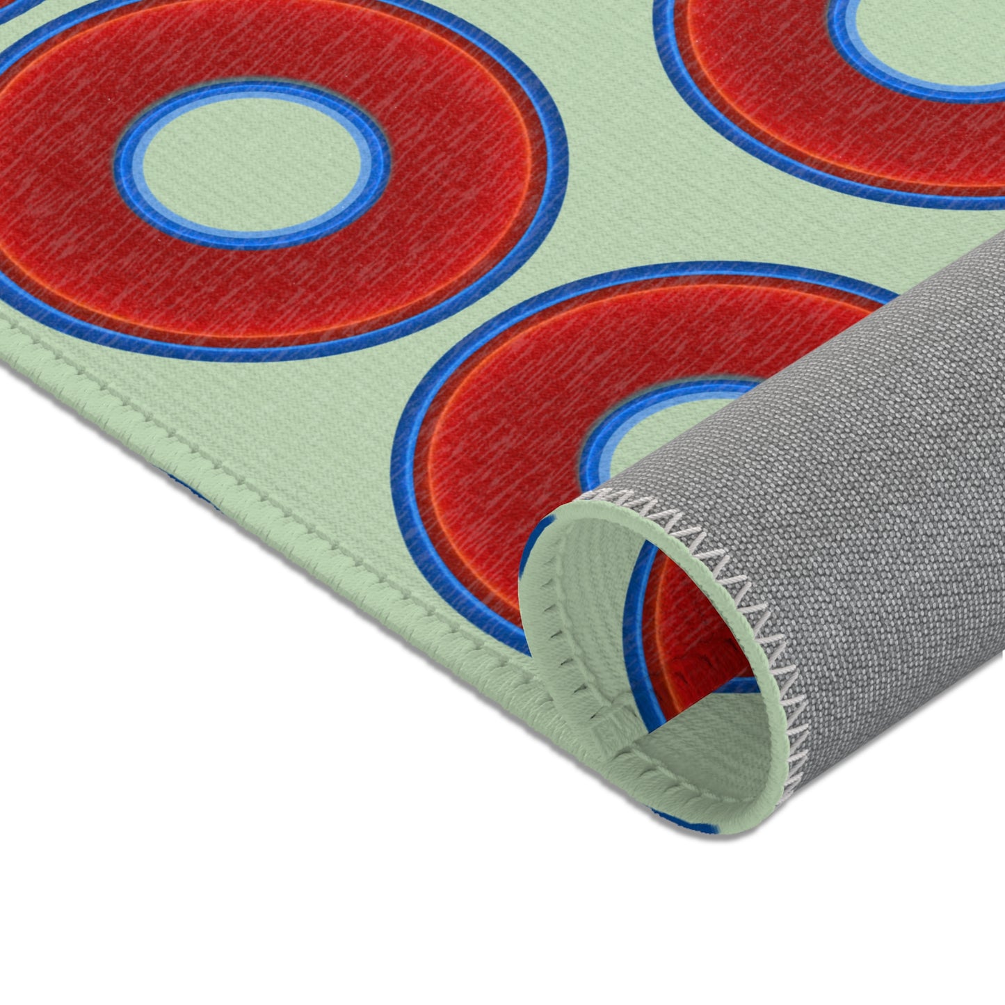 Lumpy Donut Print Rug - choice of 3 sizes - vivid red donut print w/seafoam background