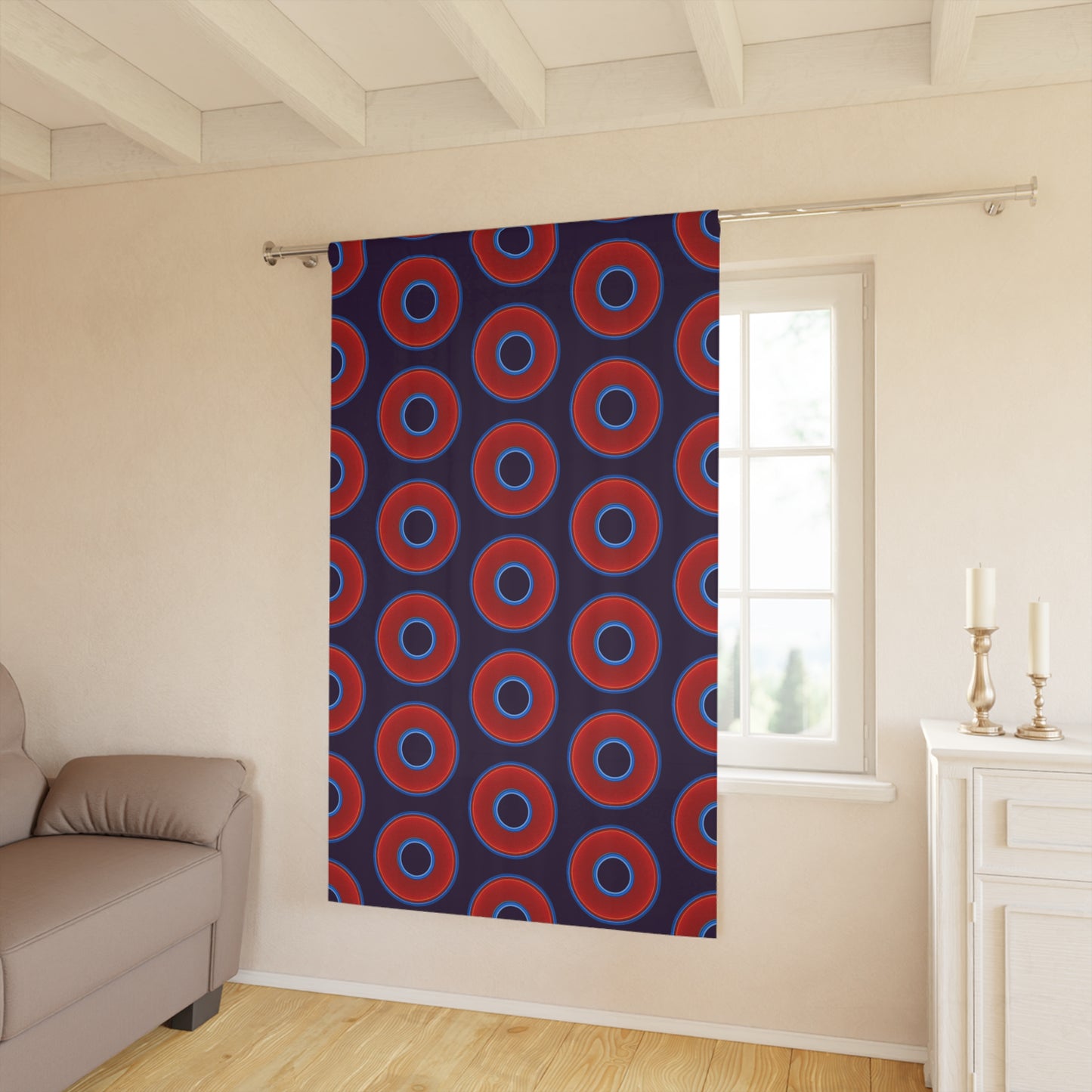 Lump's Heady Curtain w/Donuts - vivid red donut print - w/midnight purple background - [*1 Piece / 50" x 84"]