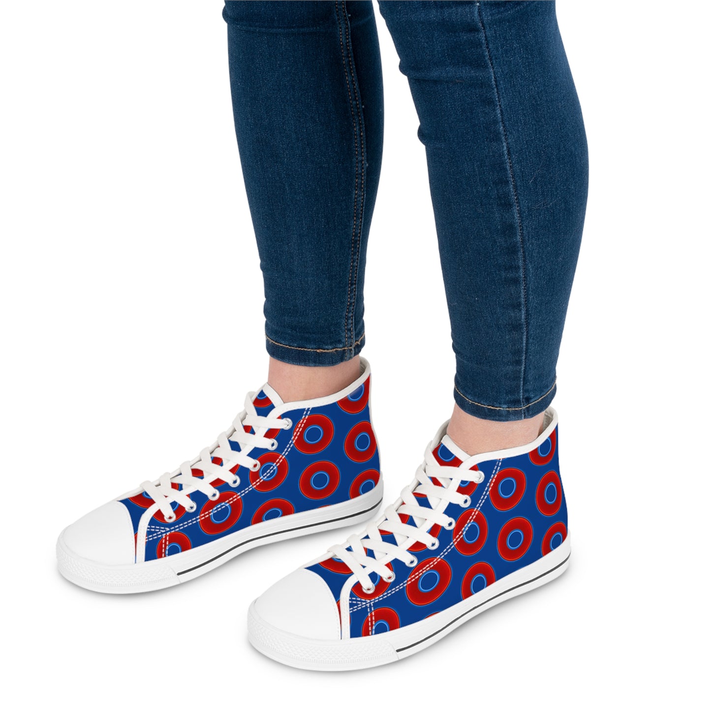 Women's High Top Chuck Taylors - large vivid red donut print w/dark blue background