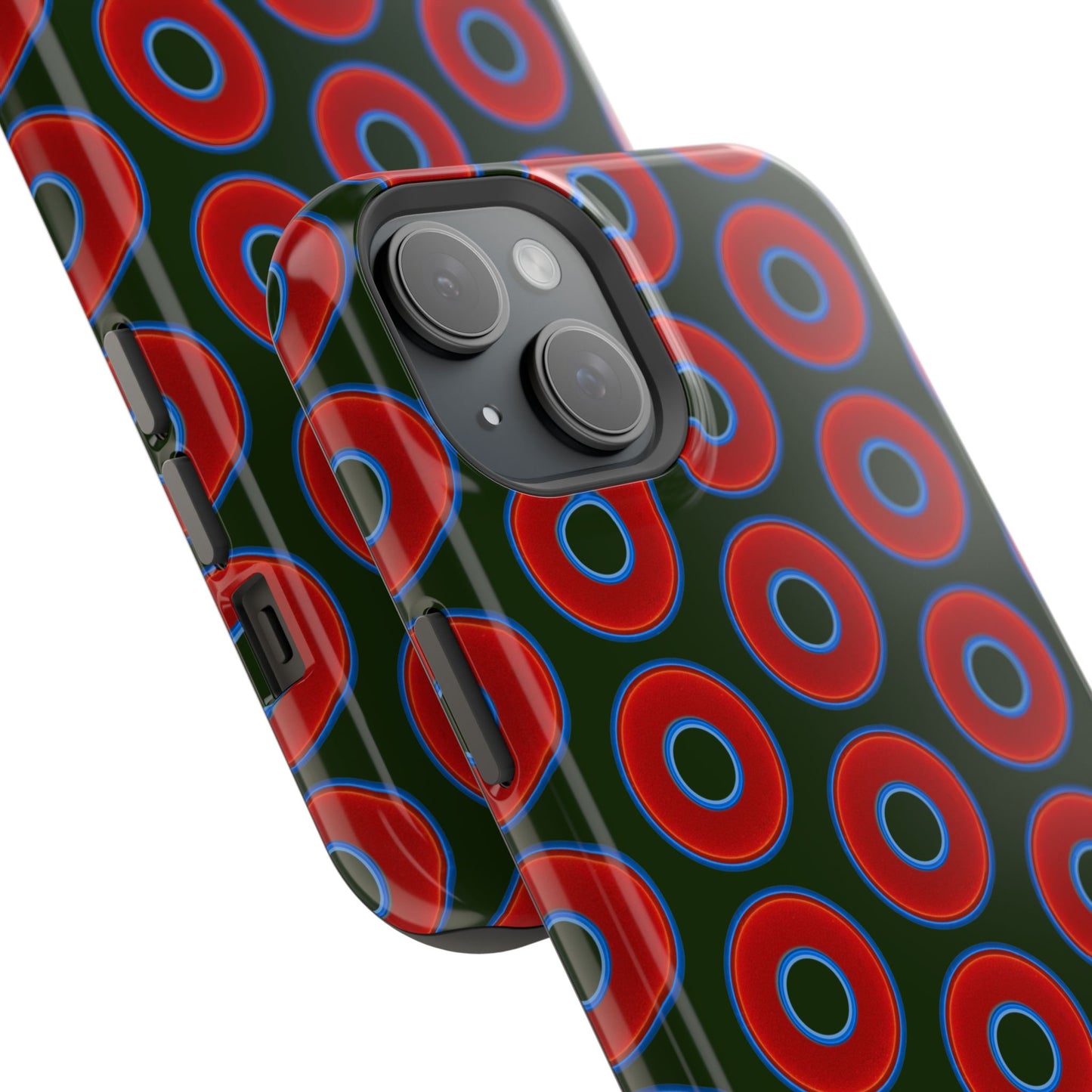 Impact-Resistant Lumpy Donut Case - red vivid donut print w/deep forest green background
