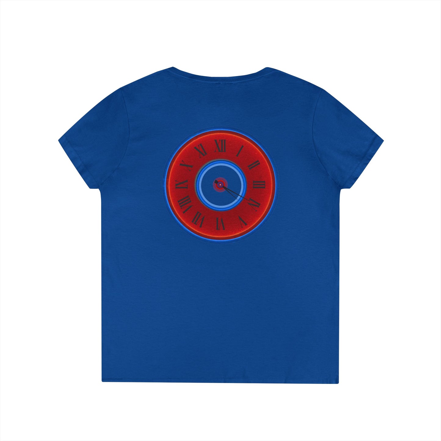 Women's Donut V-Neck Tee - "Time Treasurer's Donut Tee" - vivid red donut w/clock face