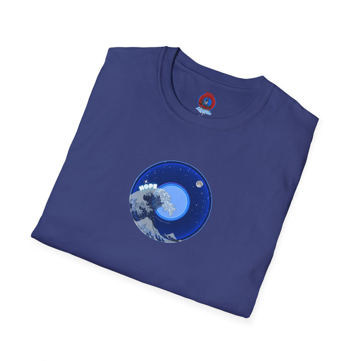 Classic Donut Tee - Unisex Soft-Style - "The Hopeful Waving Donut" - variant 2 - vivid blue donut