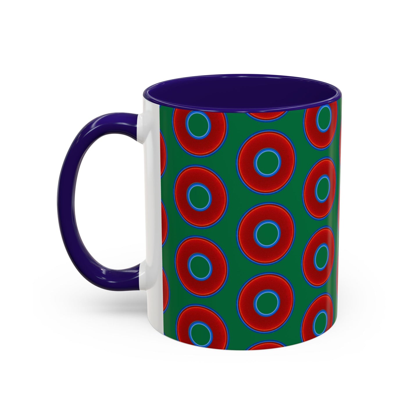 Lump's Grumpy Coffee Mug - vivid red donuts w/green background