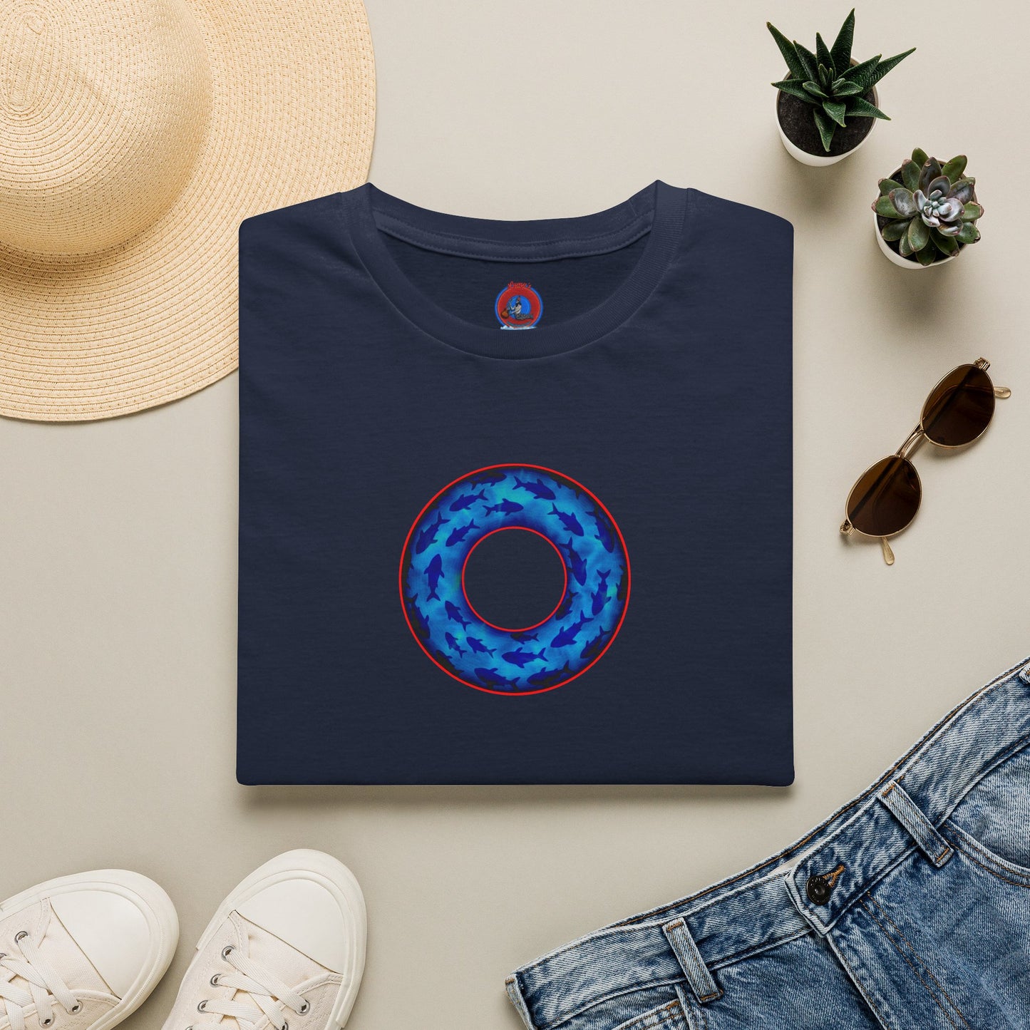 Classic Donut Tee - Unisex Soft-Style - "Skoolie of Phishies" - vivid sea donut - w/darker blue water - variant 2