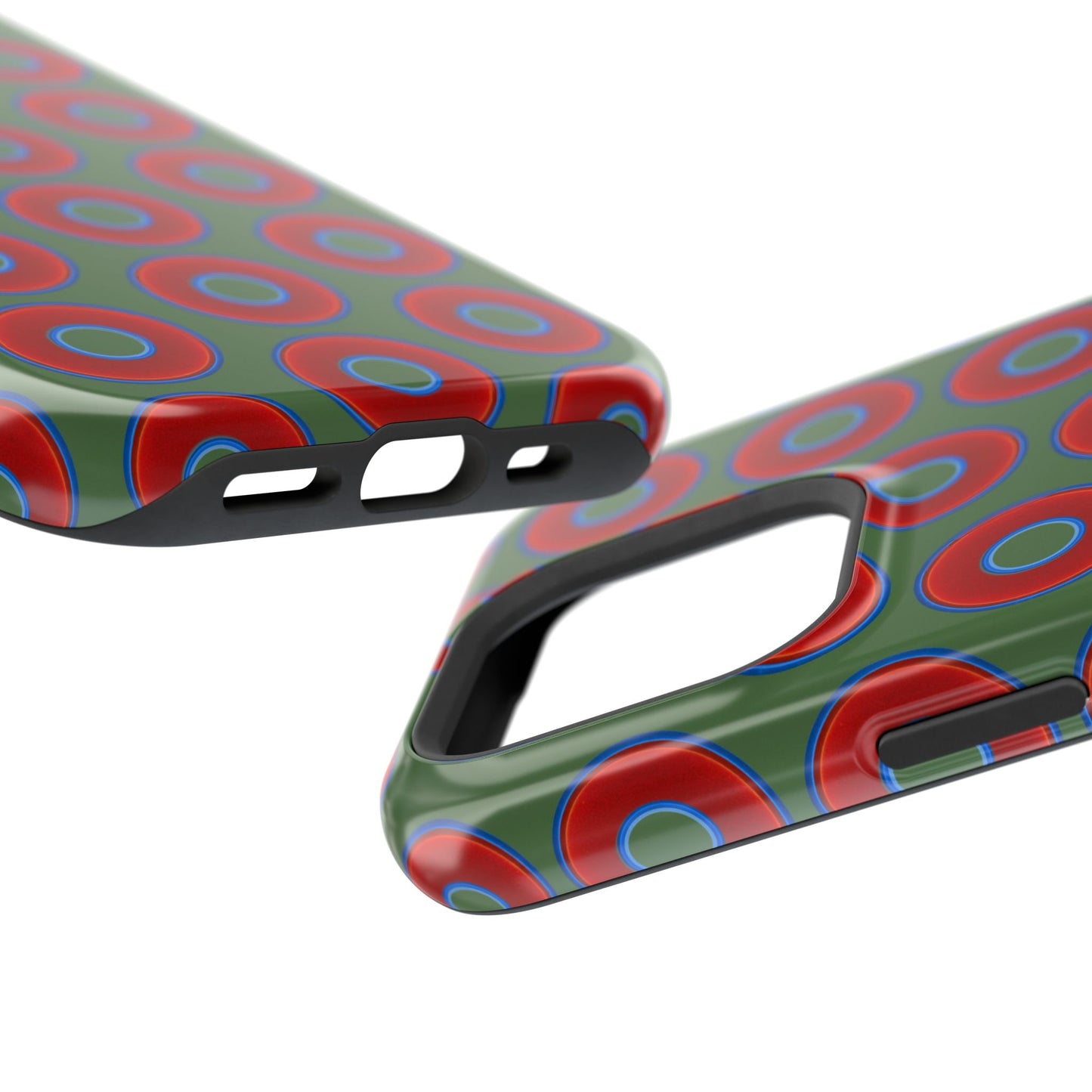 Impact-Resistant Lumpy Donut Case - red vivid donut print w/dark green background