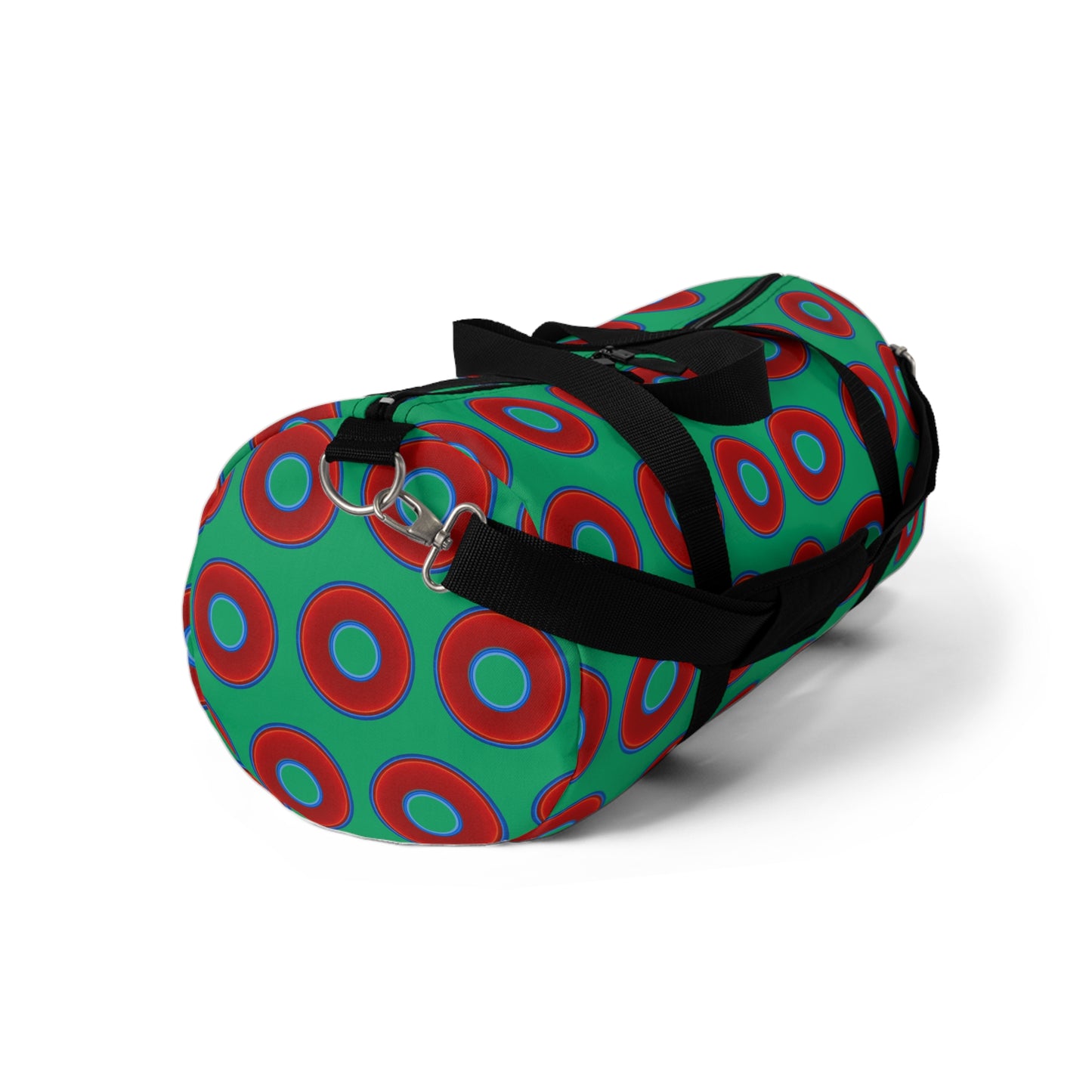 Lumpy Duffel - vivid red donuts w/jade green background