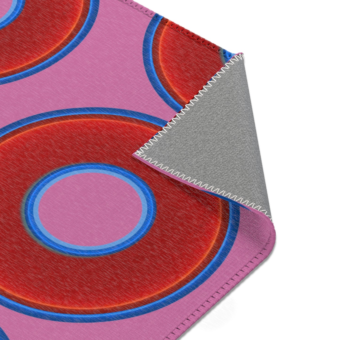 Lumpy Donut Print Rug - choice of 3 sizes - vivid red donut print w/pink background