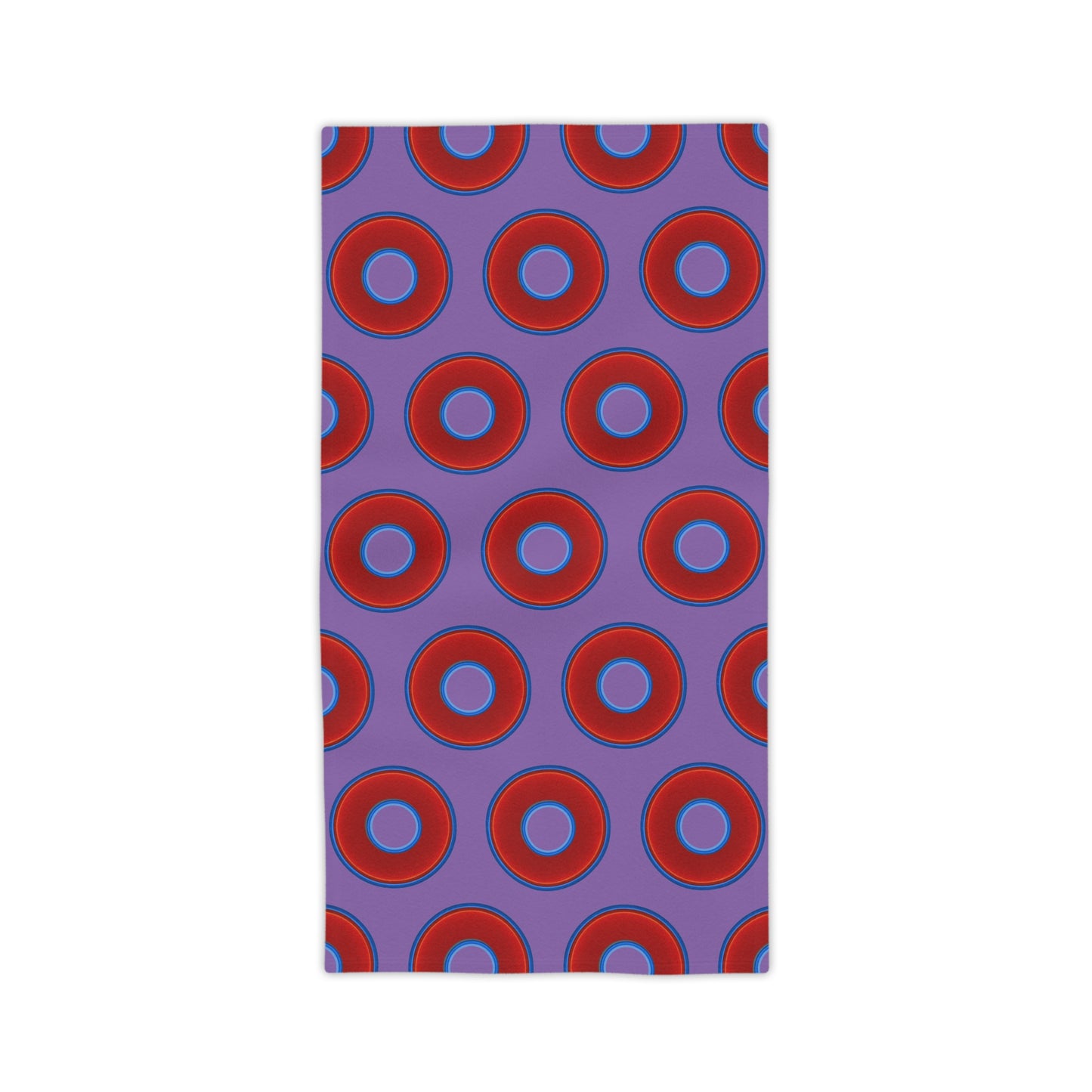 Lumpy Donut Towels - vivid red donuts w/light purple background