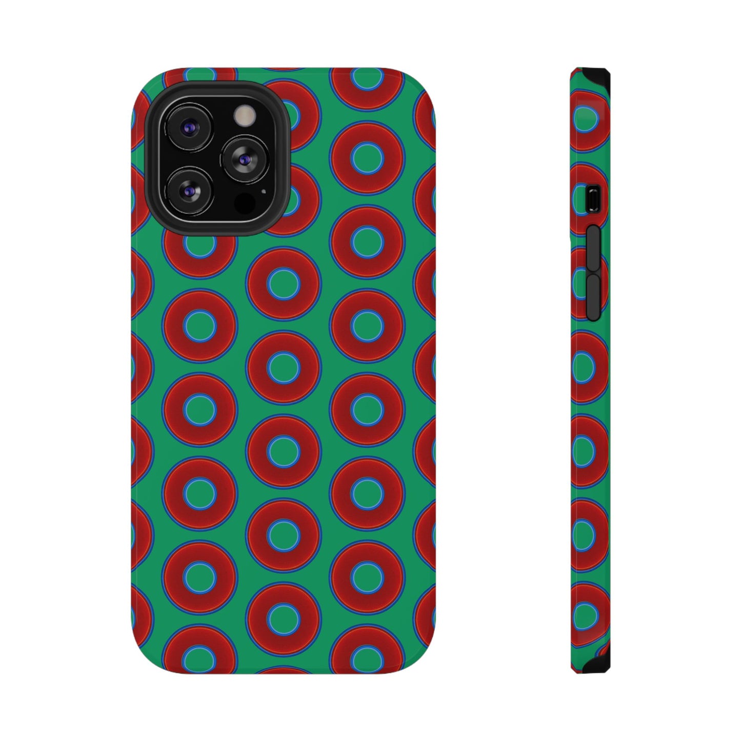 Impact-Resistant Lumpy Donut Case - red vivid donut print w/jade green background