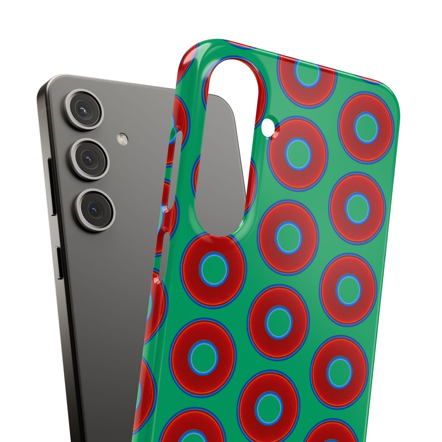 Lumpy Donut Snap Case - red vivid donut print w/jade green background