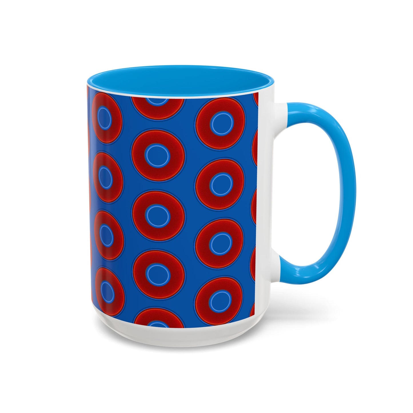 Lump's Grumpy Coffee Mug - vivid red donuts w/dark royal blue background