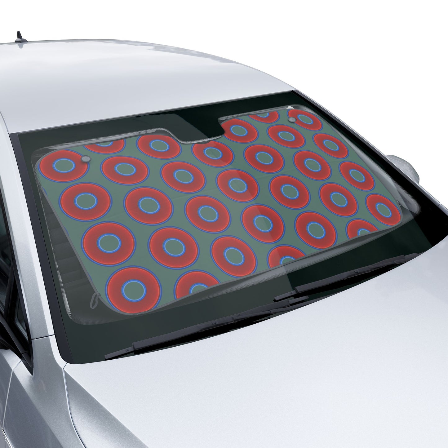 Automotive Donut Sun Shade - red vivid donuts w/Fenway green background