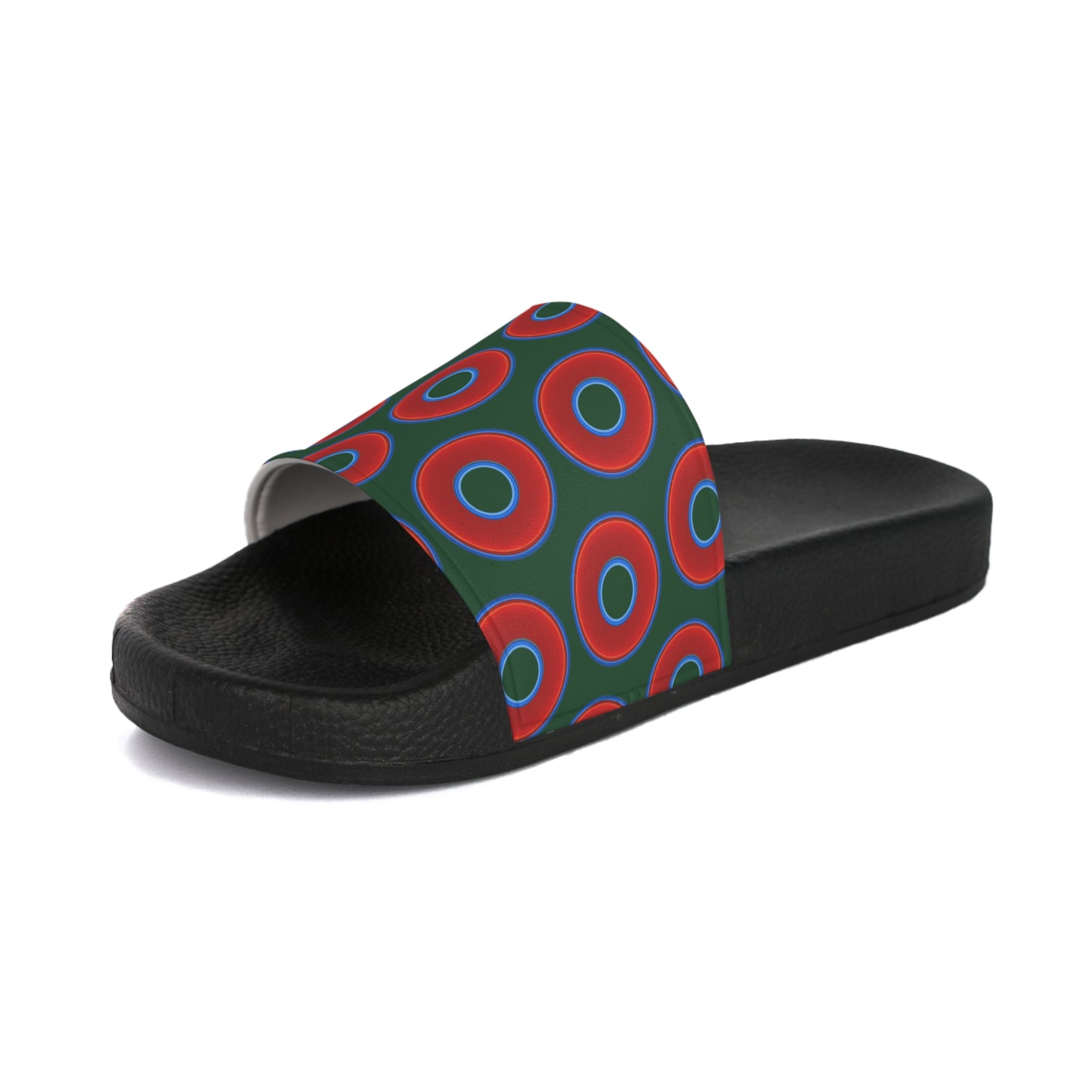 Men's Lumpy Sandals - slip-ons - red vivid donuts w/deep pond green background