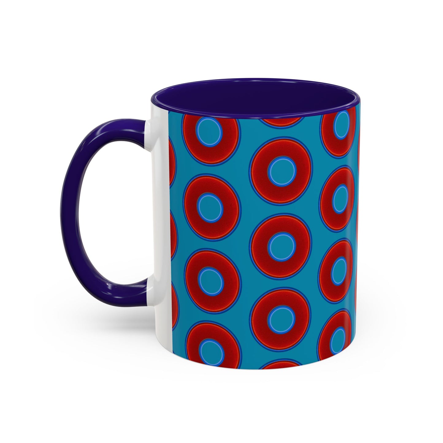 Lump's Grumpy Coffee Mug - vivid red donuts w/aquamarine blue background