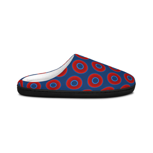 Women's Lumpy Slippers - red vivid donut print w/Atlantic Navy Blue background