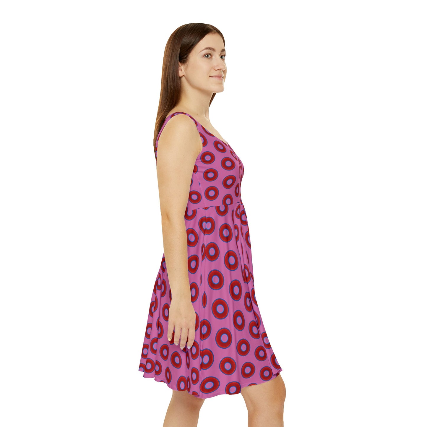 Women's Skater Donut Dress - vivid red donut print w/pink background