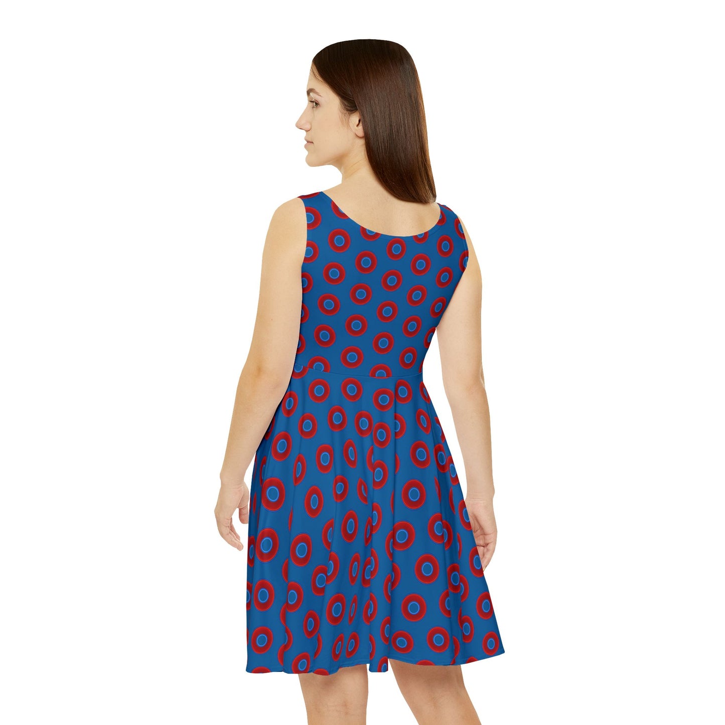 Women's Skater Donut Dress - vivid red donut print w/wavy navy blue background