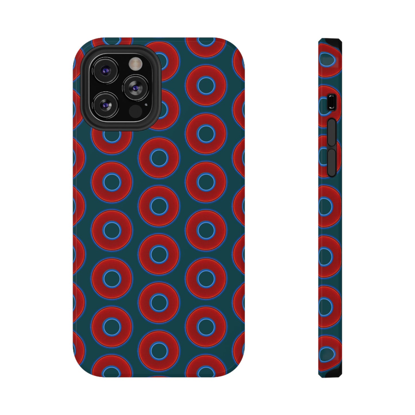 Impact-Resistant Lumpy Donut Case - red vivid donut print w/midnight green background