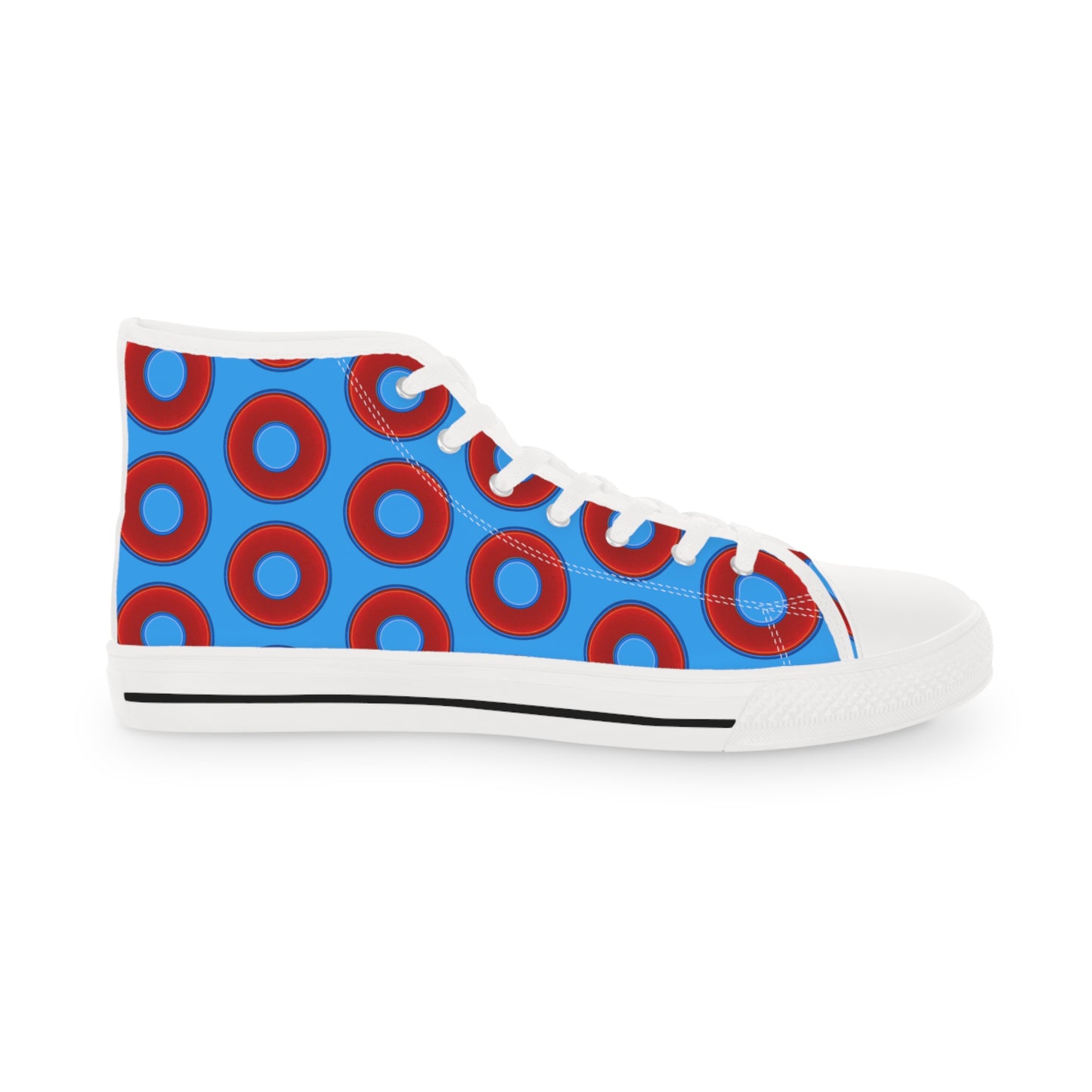 Men's High Top Chucks - large vivid red donut print w/sky royal blue background
