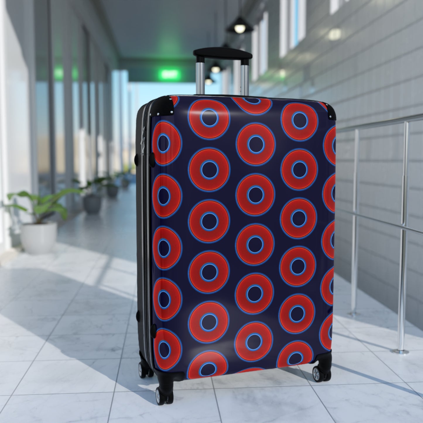 The Very Lumpy Donut Suitcase series - your choice of S, M or L - vivid red donut print w/midnight blue background