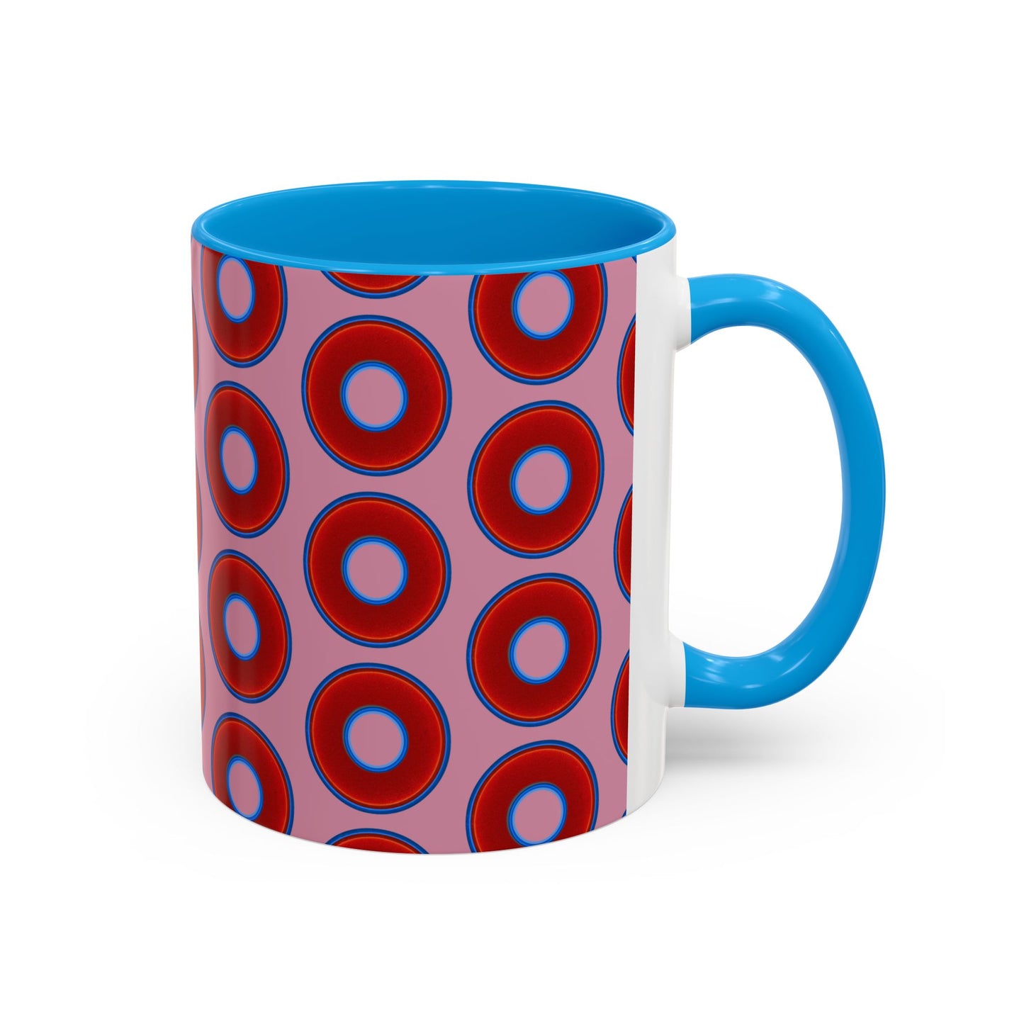 Lump's Grumpy Coffee Mug - vivid red donuts w/pink background