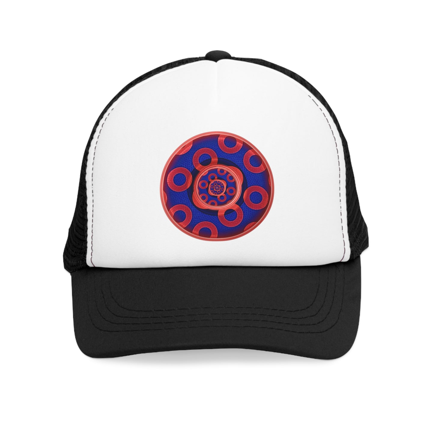 Lumpy Trucker Hat - "Kaleidoscope Abyss of Donuts" - paradoxical print - variant 1 - donut vortex - red/blue