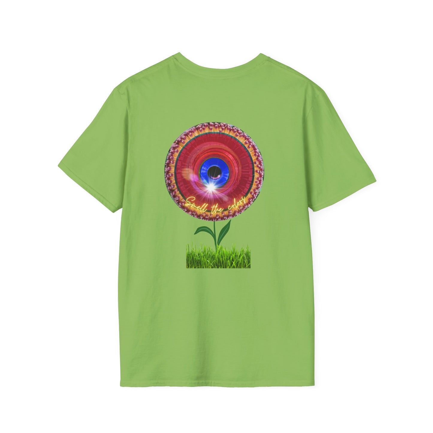 Classic Donut Tee - Unisex Soft-Style - "Smell the Donuts Outside on my Lawn"  " variant 2 - blue donut on red donut/flower
