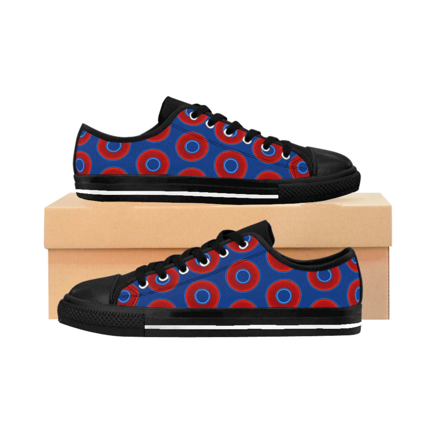Women's Cushiony Convectors - Low Top - large red vivid donut print w/dark blue background