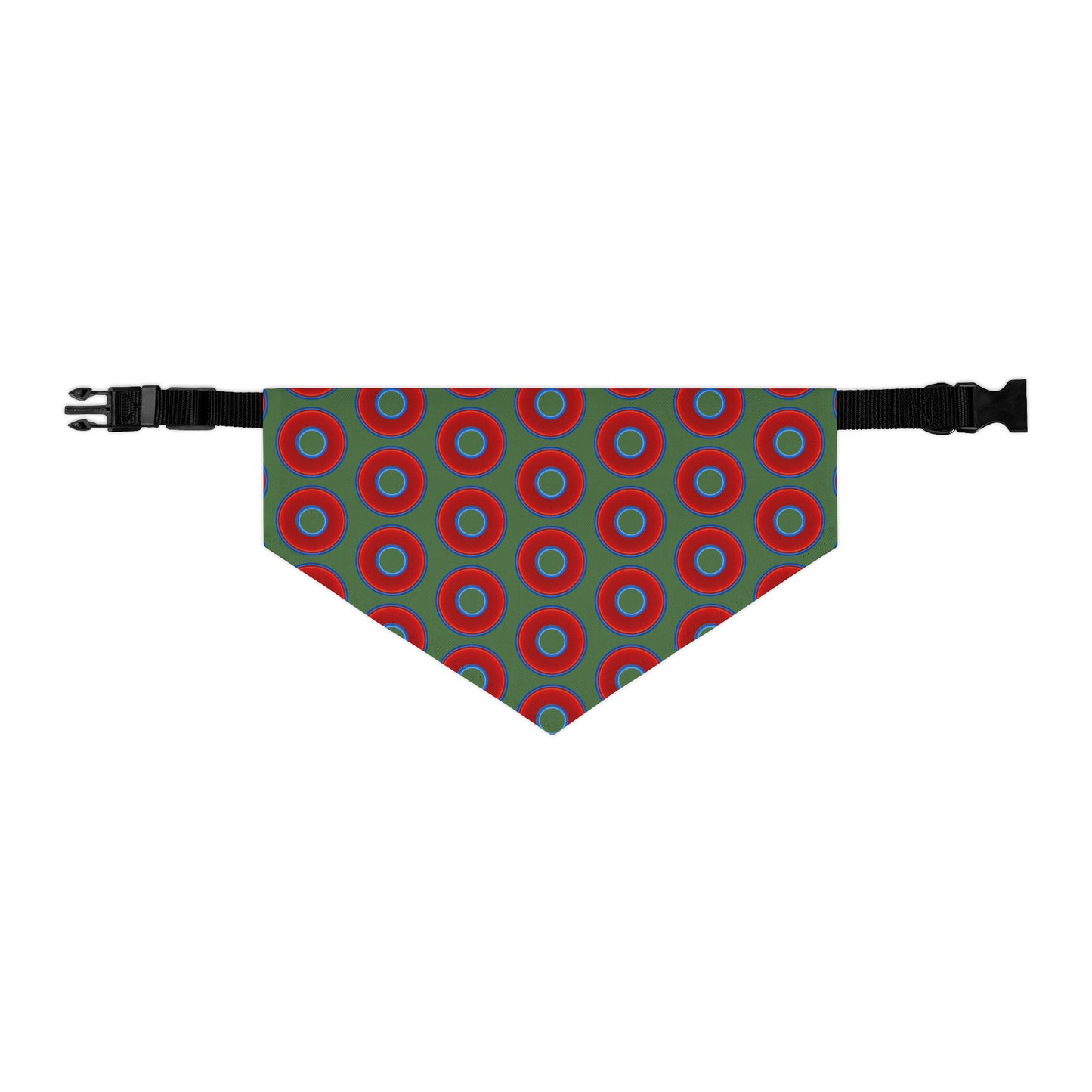 Jim's Lumpy Bandana Pet Collar - vivid red donuts w/dark green background