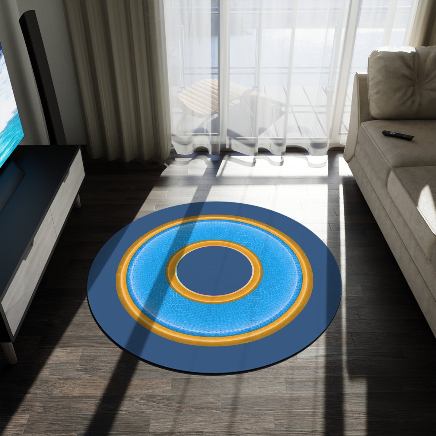Round Room - 5 ft x 5 ft Lumpy Donut Rug - "Plain Donut" - rustic light blue/yellow donut w/light navy background