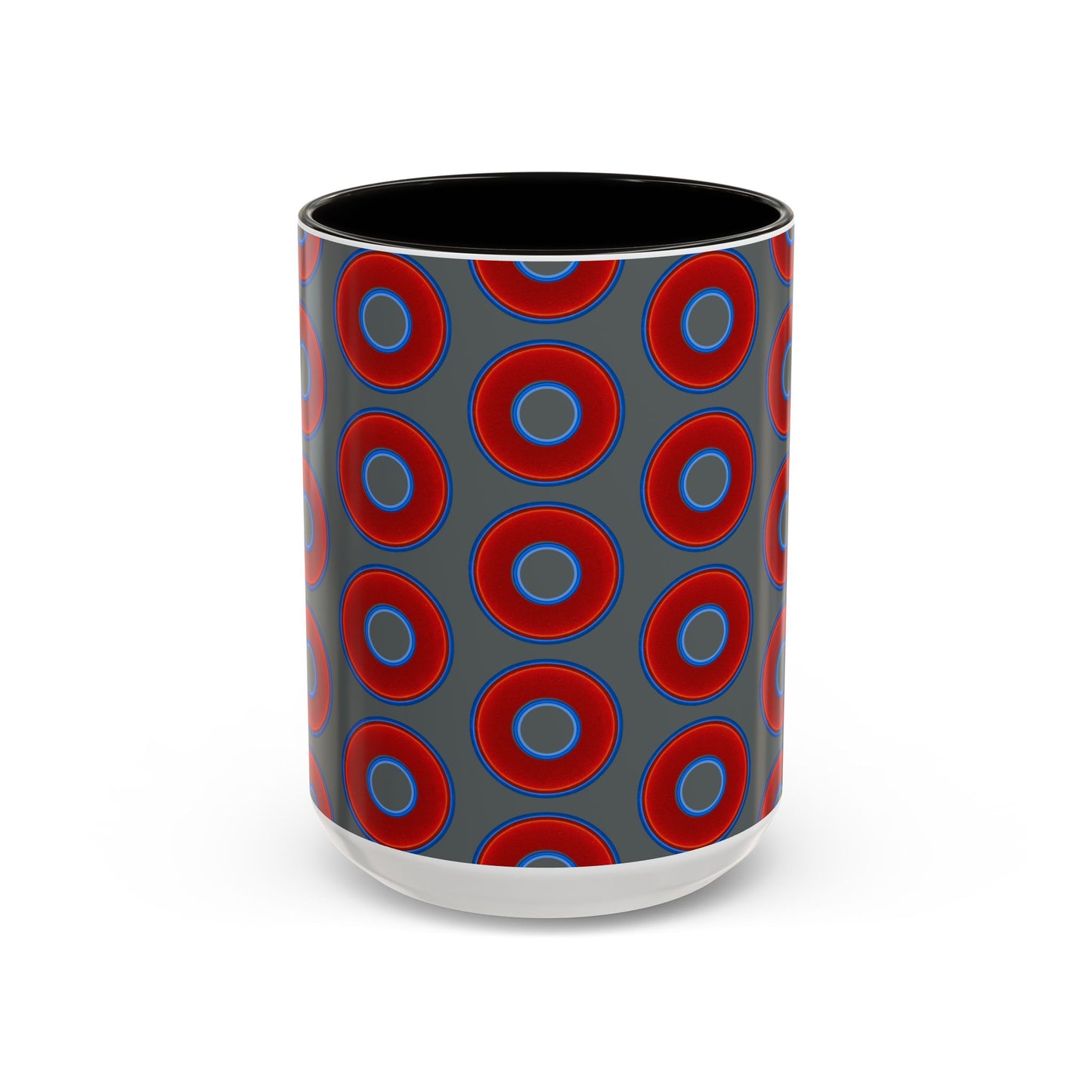 Lump's Grumpy Coffee Mug - vivid red donuts w/dark gray background